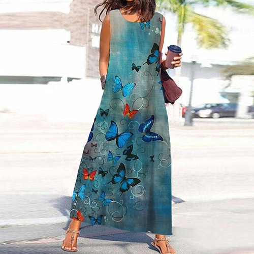 

robe longue Femme Robe Évasée Sans Manches Printemps Eté - Moderne Poche Imprimer Animal Papillon Col Ras du Cou Fin de semaine 2022 Boom Vente Robe Vert Bleu Violet Gris S M L XL XXL 3XL