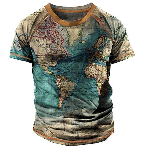 

Men's T shirt Tee Graphic Map Crew Neck Khaki 3D Print Outdoor Casual Short Sleeve Print Clothing Apparel Vintage Fashion Classic Comfortable / Summer / Summer