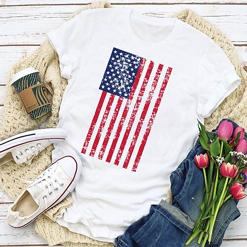 

Women's Painting T shirt USA National Flag Print Round Neck Basic Tops Blue White Wine