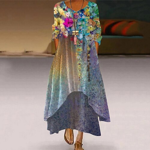 

Women's A Line Dress Maxi long Dress Green Black Purple Lavender Rainbow Long Sleeve Floral Butterfly Animal Pocket Button Print Spring Summer Round Neck Elegant Casual Vacation 2022 S M L XL XXL 3XL