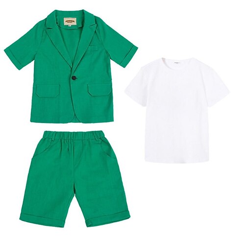 

3 Pieces Kids Boys FormalSet Clothing Set Outfit Solid Color Short Sleeve Cotton Set Formal Gentle Preppy Style Spring Summer 3-10 Years Green Gray