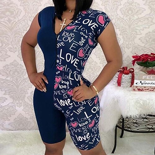 

Women's Romper Zipper Print Letter V Neck Casual Home Street Regular Fit Short Sleeve Blue Black S M L Spring