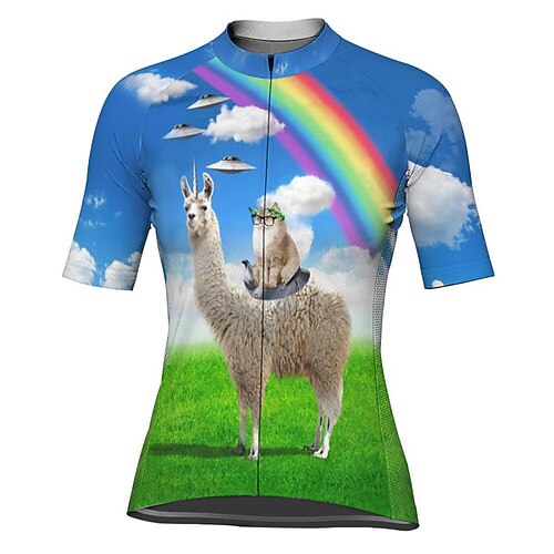 

21Grams Women's Cycling Jersey Short Sleeve Bike Top with 3 Rear Pockets Mountain Bike MTB Road Bike Cycling Breathable Quick Dry Moisture Wicking Reflective Strips Blue Rainbow Cat Polyester Spandex