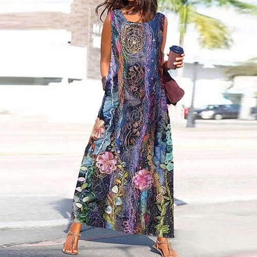 

robe longue Femme Robe casual Sans Manches Printemps Eté - Vacances Casual Imprimer Floral Cachemire Col en U 2023 Rose Claire Bleu Violet Vert Gris S M L XL XXL 3XL