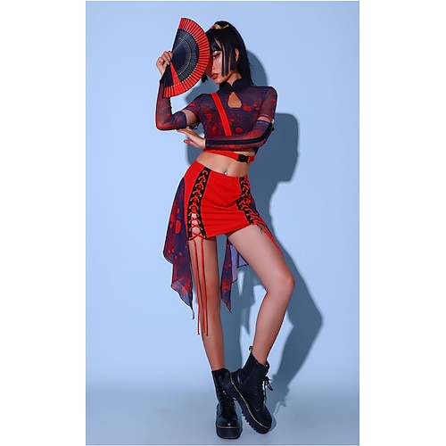 

Women's Kpop Dancer DJ Dancing Party Jazz Polyester bright red Top Skirt