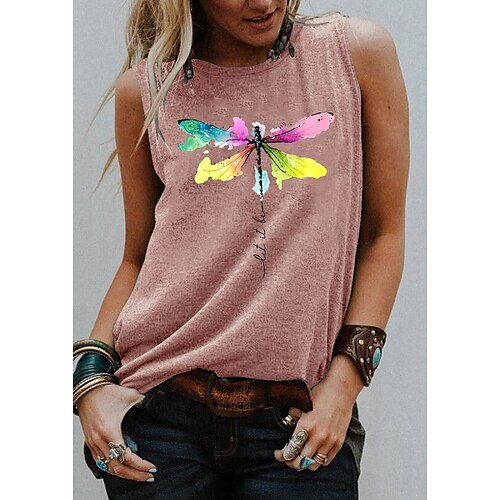

Women's Tank Top Graphic Letter Animal Print Round Neck Basic Tops Blue Purple Pink
