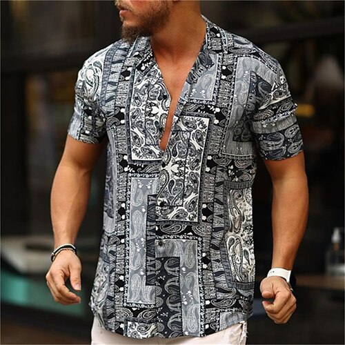 

Men's Shirt Print Tribal Turndown Casual Daily Button-Down Print Short Sleeve Tops Casual Fashion Black
