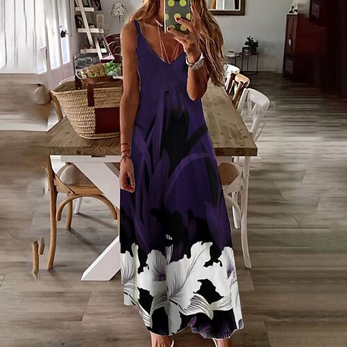 

Women's A Line Dress Maxi long Dress Black Sleeveless Floral Print Spring Summer Spaghetti Strap Stylish Casual Vacation 2022 S M L XL XXL 3XL