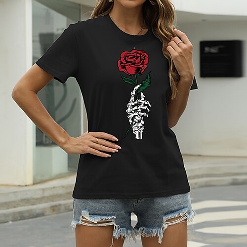 

Women's T shirt Graphic Flower Rose Print Round Neck Basic Tops Green Blue White