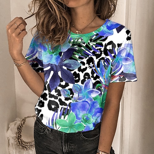 

Women's Floral Theme Painting T shirt Floral Leopard Print Round Neck Basic Tops Blue Purple Pink / 3D Print