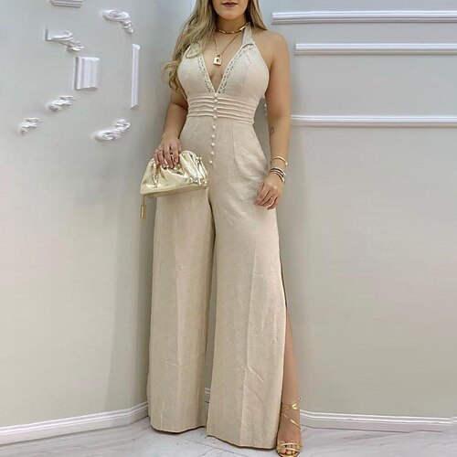 

Women's Jumpsuit Backless Solid Color Halter Neck Streetwear Party Regular Fit Sleeveless Apricot S M L Spring