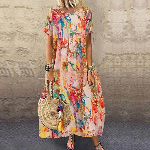 

Women's Shift Dress Maxi long Dress Orange Short Sleeve Print Tie Dye Print Spring Summer Crew Neck Stylish Work Elegant 2022 S M L XL XXL 3XL 4XL