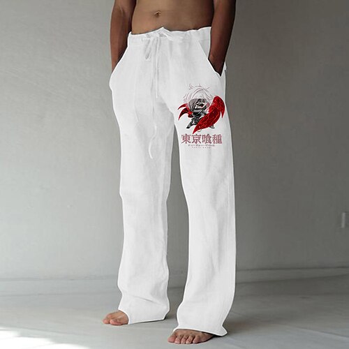 

Inspired by Tokyo Ghoul Kaneki Ken Linen Pants Straight Trousers Cotton Blend Anime Elastic Drawstring Design Front Pocket Pants For Men's