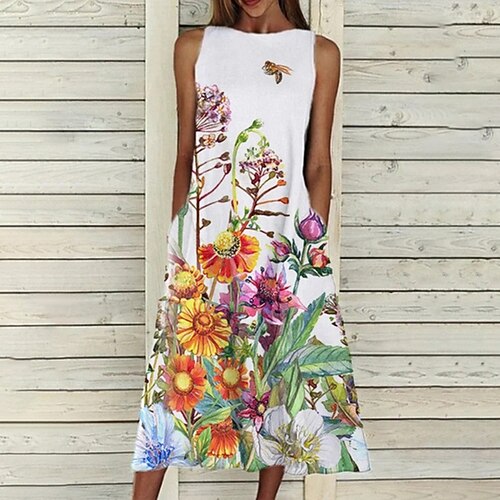 

Women's Casual Dress Midi Dress Green Orange Sleeveless Floral Pocket Spring Summer Crew Neck Weekend Loose Fit 2022 S M L XL XXL 3XL 4XL 5XL
