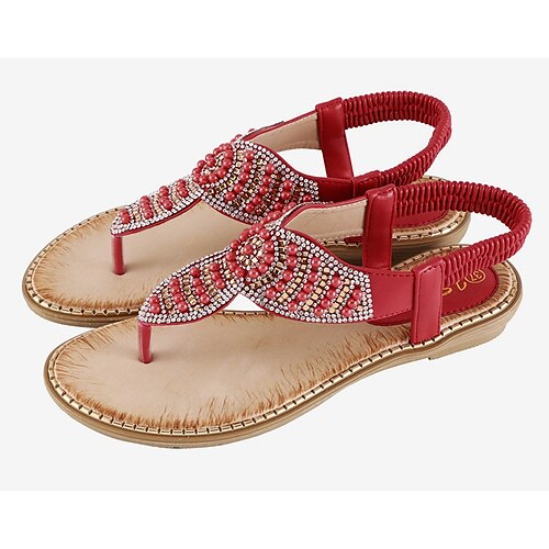 

Women's Sandals Flat Sandals Rhinestone Flat Heel Round Toe Open Toe Elegant Casual Party Beach PU Leather Elastic Band Spring Summer Solid Colored Almond White Black
