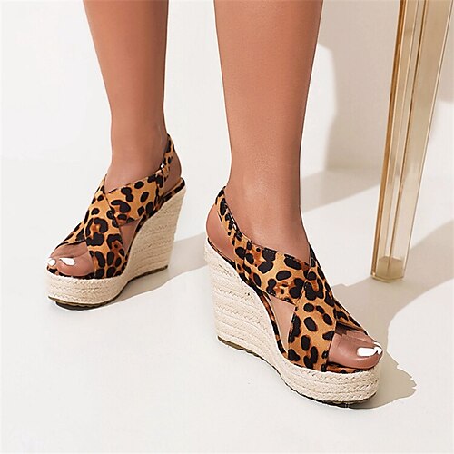 

Women's Sandals Wedge Heel Open Toe Minimalism Daily Sheepskin Ankle Strap Summer Solid Colored Camel Leopard Black