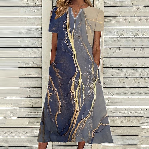 

Women's A Line Dress Midi Dress Blue Short Sleeve Color Gradient Pocket Print Spring Summer V Neck Casual Vacation 2022 S M L XL XXL 3XL