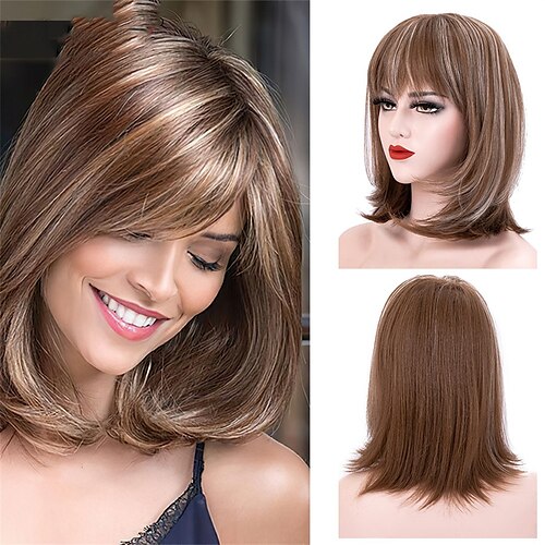 

Women's Wig With Bangs Bob Short Wigs Mixed White Gray Blonde For Women 8 12Inch Fiber Straight Fake Hair Daily Style