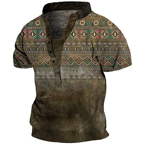 

Men's Henley Shirt Tee T shirt 3D Print Graphic Geometry Plus Size Stand Collar Daily Sports Button-Down Print Short Sleeve Tops Basic Casual Designer Big and Tall Brown