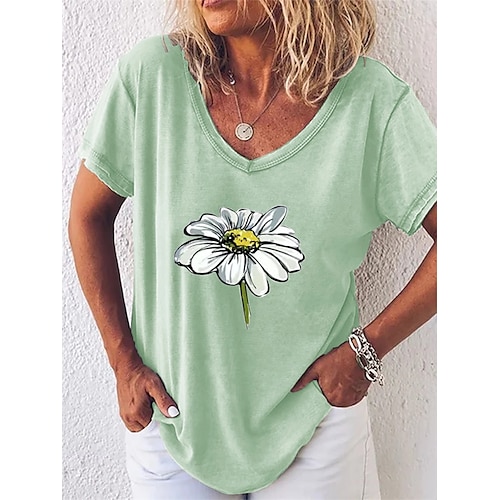 

Women's Floral Theme T shirt Floral Plants Print V Neck Basic Tops Green