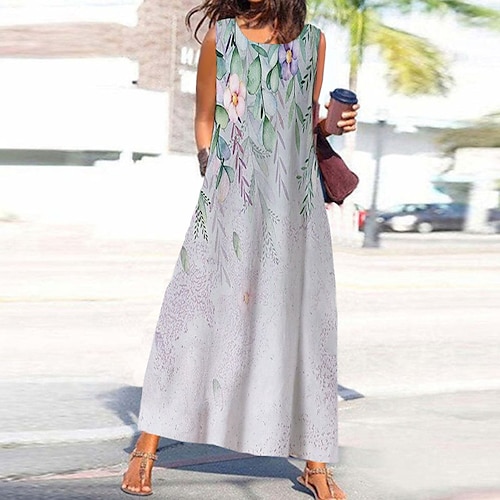 

Women's A Line Dress Maxi long Dress Gray Sleeveless Floral Pocket Print Spring Summer Round Neck Stylish Casual Vacation 2022 S M L XL XXL 3XL