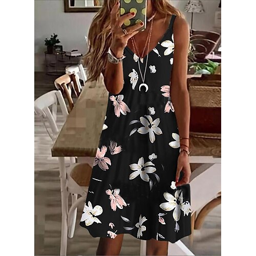 

Women's Shift Dress Short Mini Dress Black Sleeveless Floral Print Spring Summer Spaghetti Strap Casual Vacation 2022 S M L XL XXL 3XL