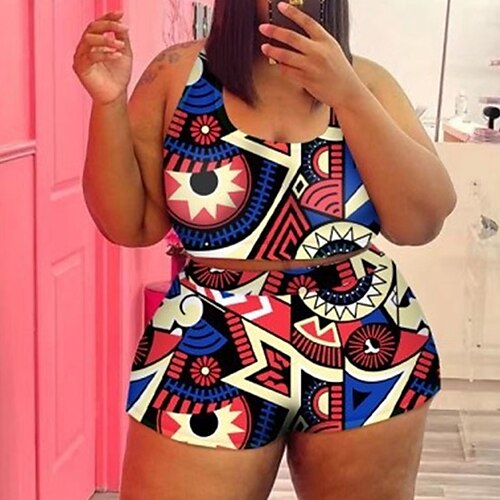 

Mulheres Roupa de Banho Tankini 2 partes Tamanho Grande roupa de banho Sem costas Estampado para bustos grandes Geométrica Preto Azul Malha Íntima Decote em U Fatos de banho novo Férias Moda