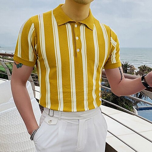 

Men's Collar Polo Shirt Knit Polo Sweater Golf Shirt Striped Turndown Yellow Outdoor Street Short Sleeve Button-Down Clothing Apparel Cotton Fashion Streetwear Business Casual / Summer / Spring
