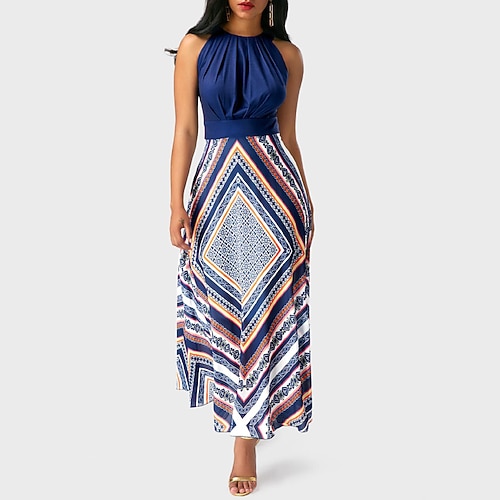 

Women's A Line Dress Maxi long Dress Dark Blue Sleeveless Print Print Spring Summer Round Neck Casual 2022 S M L XL