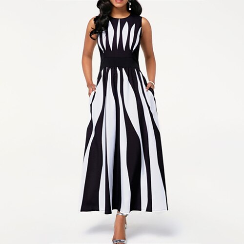 

robe décontractée à rayures pour femmes robe swing robe longue maxi robe blanche sans manches poche printemps été ras du cou week-end coupe ample 2023 s m l xl xxl 3xl 4xl 5xl