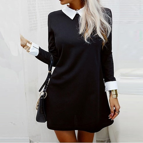 

Women's A Line Dress Short Mini Dress Black Long Sleeve Solid Color Ruched Spring Summer Shirt Collar Elegant Casual 2022 S M L XL XXL 3XL