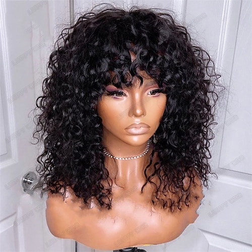 

Remy Human Hair Wig Curly With Bangs Natural Black Capless Brazilian Hair Women's Natural Black #1B 8 inch 10 inch 12 inch Party / Evening Daily Wear Vacation