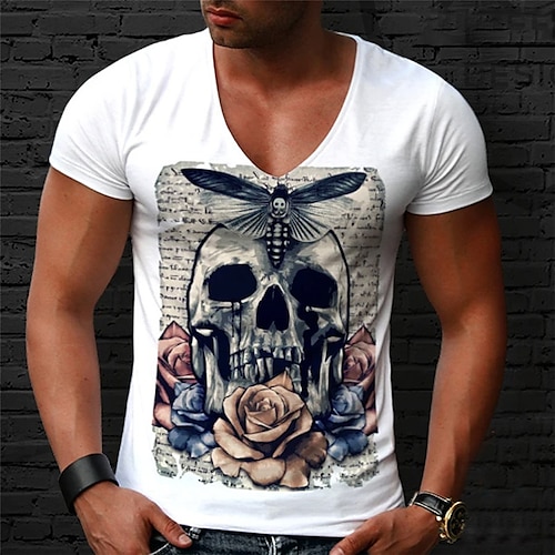 

Homens Camiseta Gráfico Caveiras Decote V Preto Branco Vermelho Azul Cinzento Impressão A Quente Rua Casual Manga Curta Imprimir Roupa 100% Algodão Moda Básico Clássico Confortável