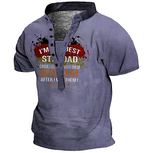 

Men's Henley Shirt Tee T shirt 3D Print Graphic Letter Plus Size Stand Collar Daily Sports Button-Down Print Short Sleeve Tops Basic Casual Designer Big and Tall Blue
