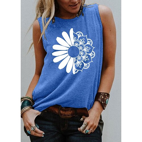 

Women's Tank Top Graphic Daisy Print Round Neck Basic Tops Blue Purple Pink