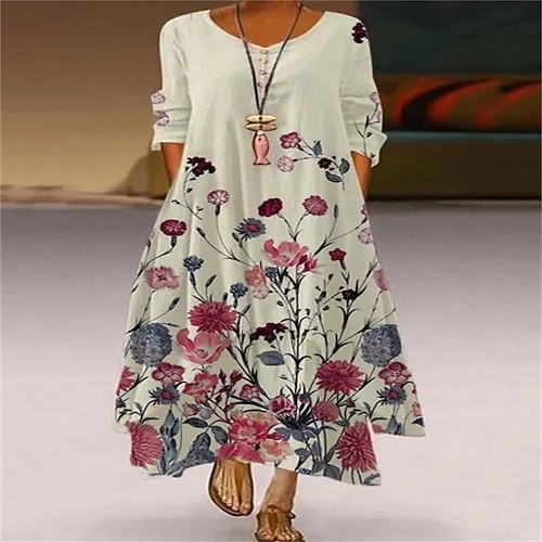 

Women's Shift Dress Maxi long Dress White Long Sleeve Floral Print Spring Summer V Neck Vintage Boho 2022 S M L XL XXL 3XL 4XL 5XL