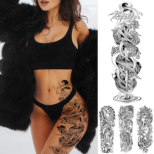 

4PCS Full Arm Sexy Tatto Dragon Bodhisattva Sword Waterproof Temporary Tattoo Stickers Women Thigh Back Fake Tatoo Body Art Man