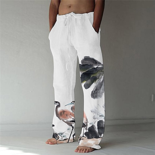 

Men's Fashion Designer Straight Trousers 3D Print Elastic Drawstring Design Front Pocket Pants Casual Daily Graphic Prints Ink Painting Comfort Soft Mid Waist Green White Khaki S M L XL XXL