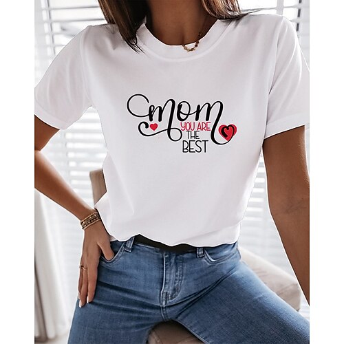 

Women's Painting T shirt Heart Text Print Round Neck Basic Tops White Black