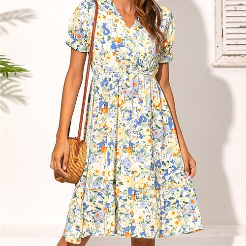 

Women's A Line Dress Knee Length Dress Purple Fuchsia Khaki Yellow Beige Light Blue Short Sleeve Floral Print Spring Summer V Neck Stylish Work Elegant 2022 S M L XL