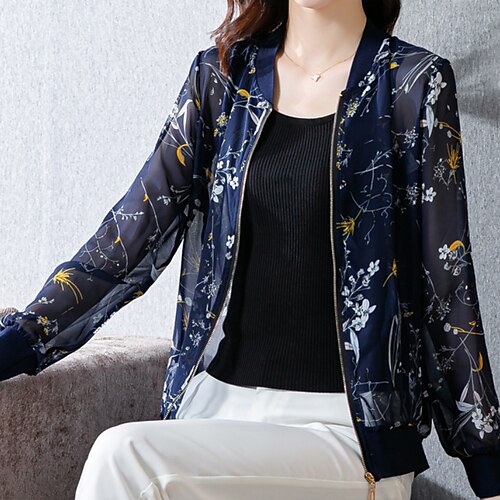 

Women's Jacket Bomber Jacket Varsity Jacket Outdoor Street Daily Spring Summer Regular Coat Regular Fit Breathable Casual Jacket Long Sleeve Floral UV Protection Print White Blue