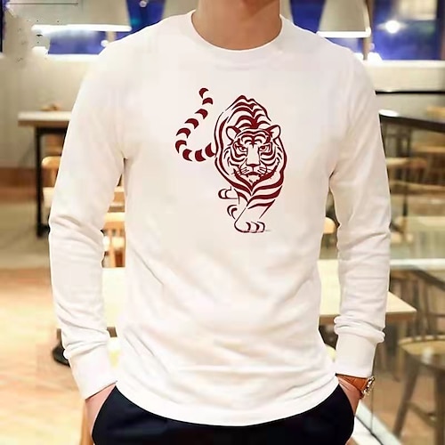 

Men's T shirt Tee Animal Tiger Crew Neck Red / White White Casual Daily Long Sleeve Print Clothing Apparel Sports Fashion Lightweight