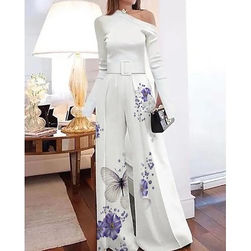 

Women's Jumpsuit Print Floral One Shoulder Elegant Party Prom Wide Leg Regular Fit Long Sleeve White S M L Spring