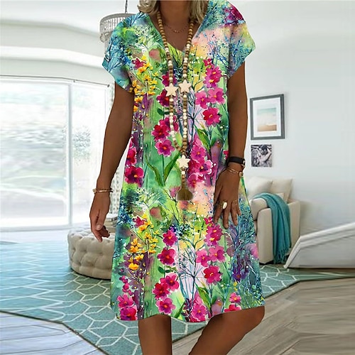 

Mulheres Vestido de turno Verde Manga Curta Floral Imprimir Primavera Verão Decote V Ajuste Largo 2022 S M L XL XXL 3XL