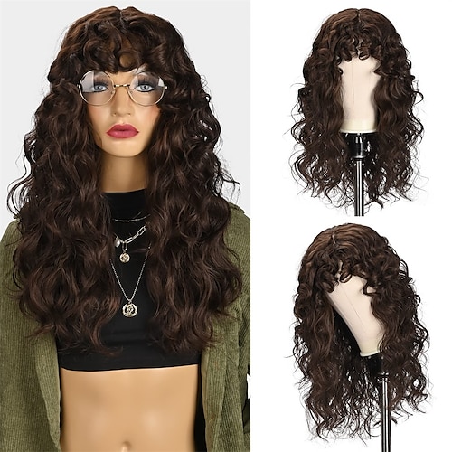 

23 Inch Brown Curly Hair Wig with Bangs Long Retro Hairstyle with Curls Fringe Synthetic Wig for Women's Daily Use Party