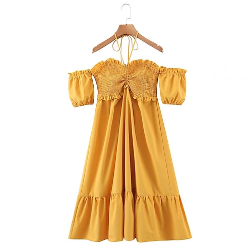 

Women's Sheath Dress Maxi long Dress Yellow Short Sleeve Solid Color Backless Ruched Spring Summer Halter Neck Casual Vacation 2022 S M L