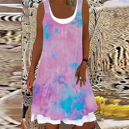 

Femme Robe Droite Manche Courte Printemps Eté faux deux pièces Imprimer Tie Dye Col en U Ample 2022 Vert Bleu Violet Arc-en-ciel S M L XL XXL 3XL