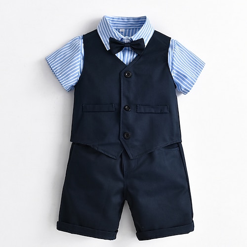 

3 Pieces Kids Boys Suit & Blazer Clothing Set Outfit Stripe Short Sleeve Bow Cotton Set Formal Casual Sweet Spring Summer 2-6 Years Navy Blue