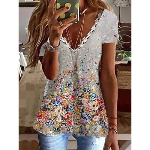 

Women's T shirt Floral Lace V Neck Basic Tops Blue Gray Khaki