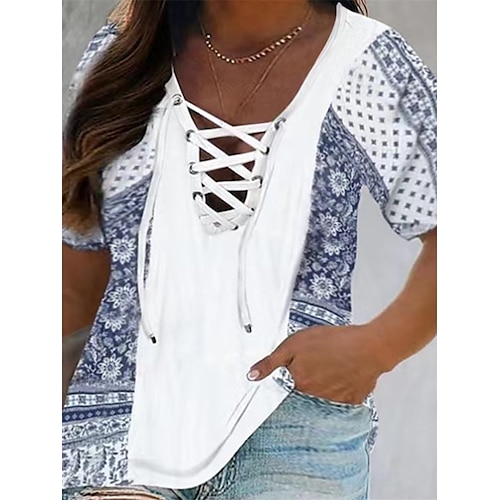 

Women's Plus Size Tops Blouse Shirt Floral Print Short Sleeve V Neck Streetwear Daily Going out Polyester Spring Summer Blue Red